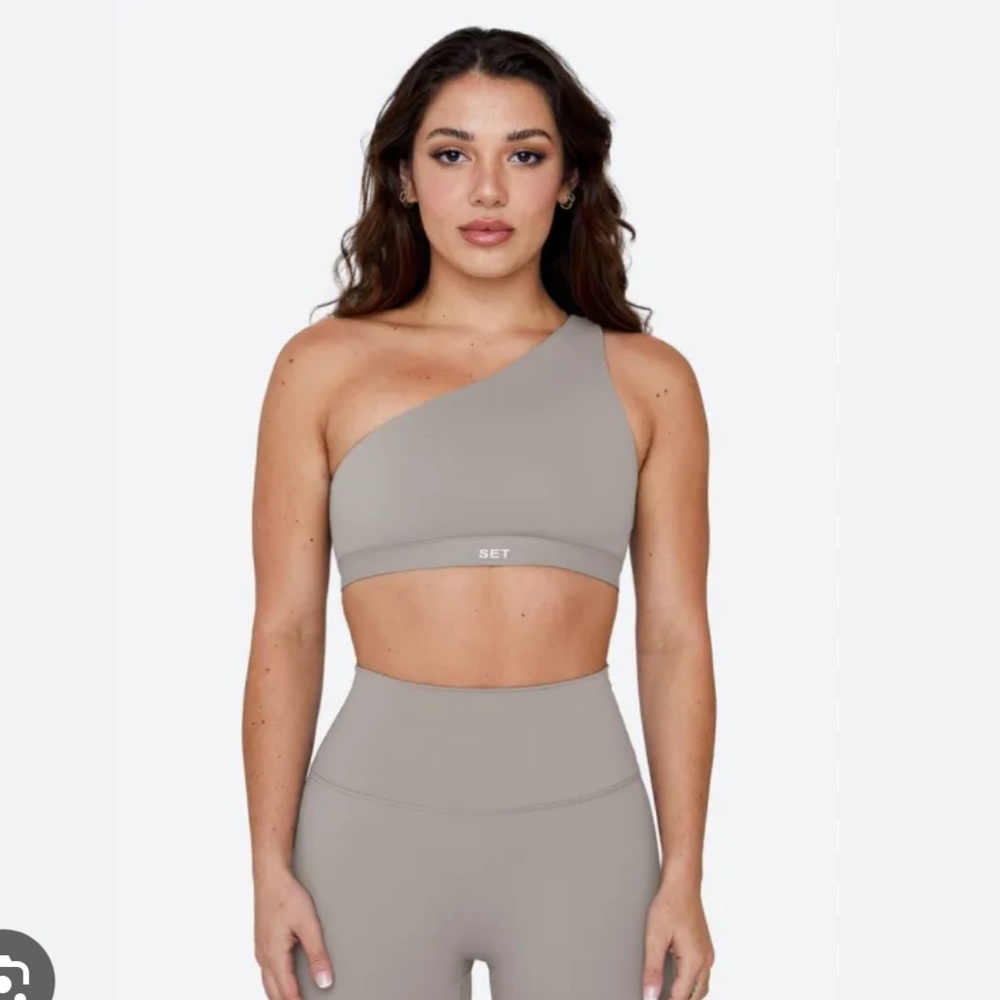 SET Active Sportbody One Shoulder Bra and Bike Shorts - Stone